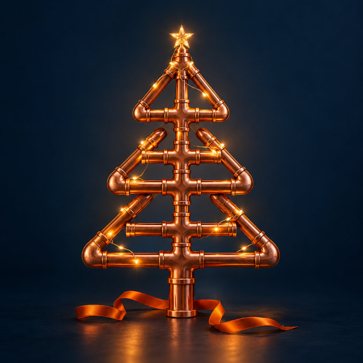 A Christmas tree made from glowing copper plumbing pipes