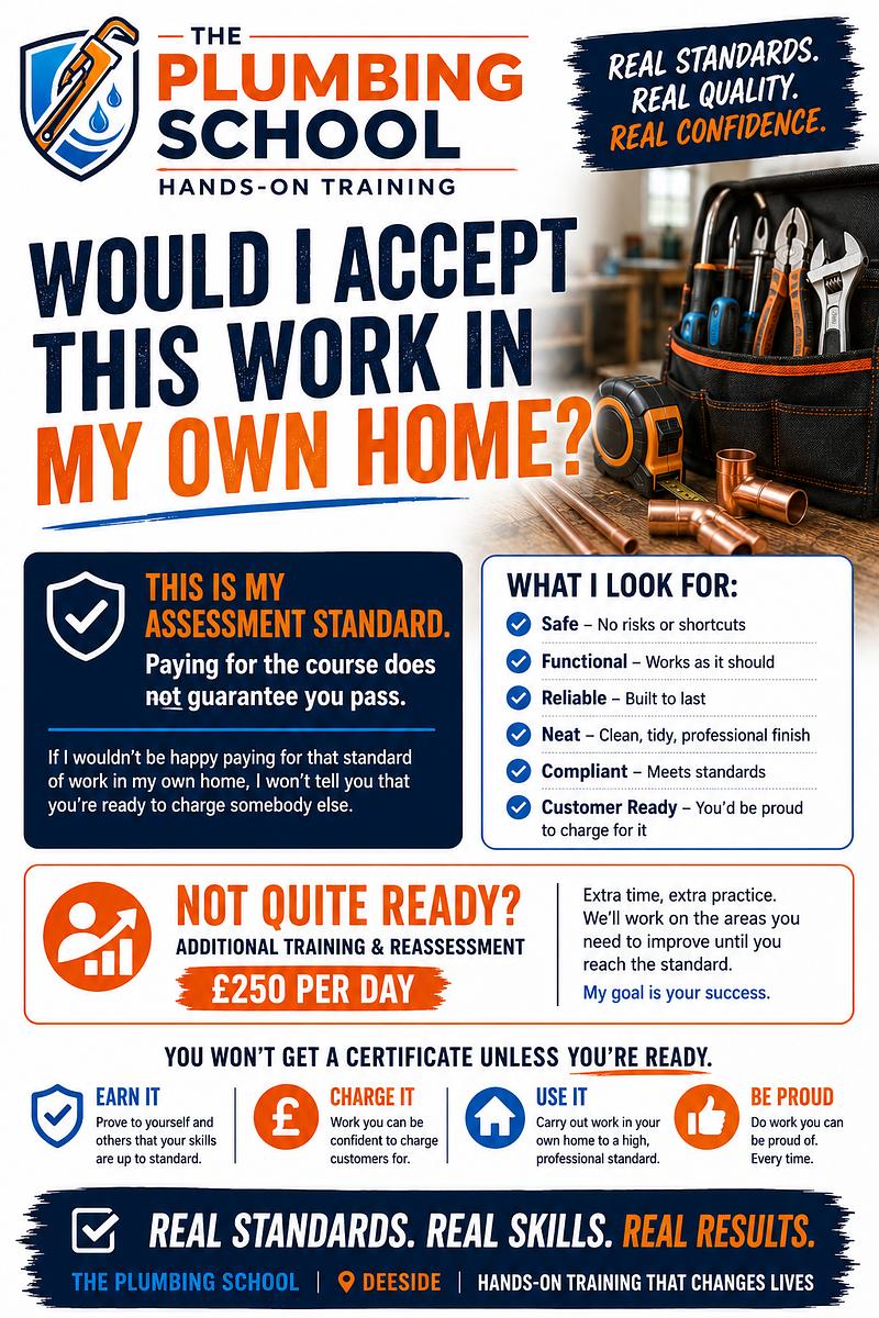 The Plumbing School assessment standard: safe, functional, reliable, neat, compliant, customer ready