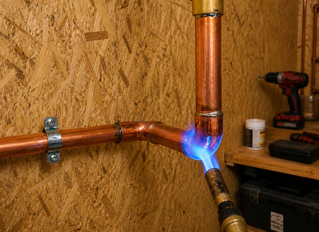 Close-up soldering copper pipe in OSB training workshop